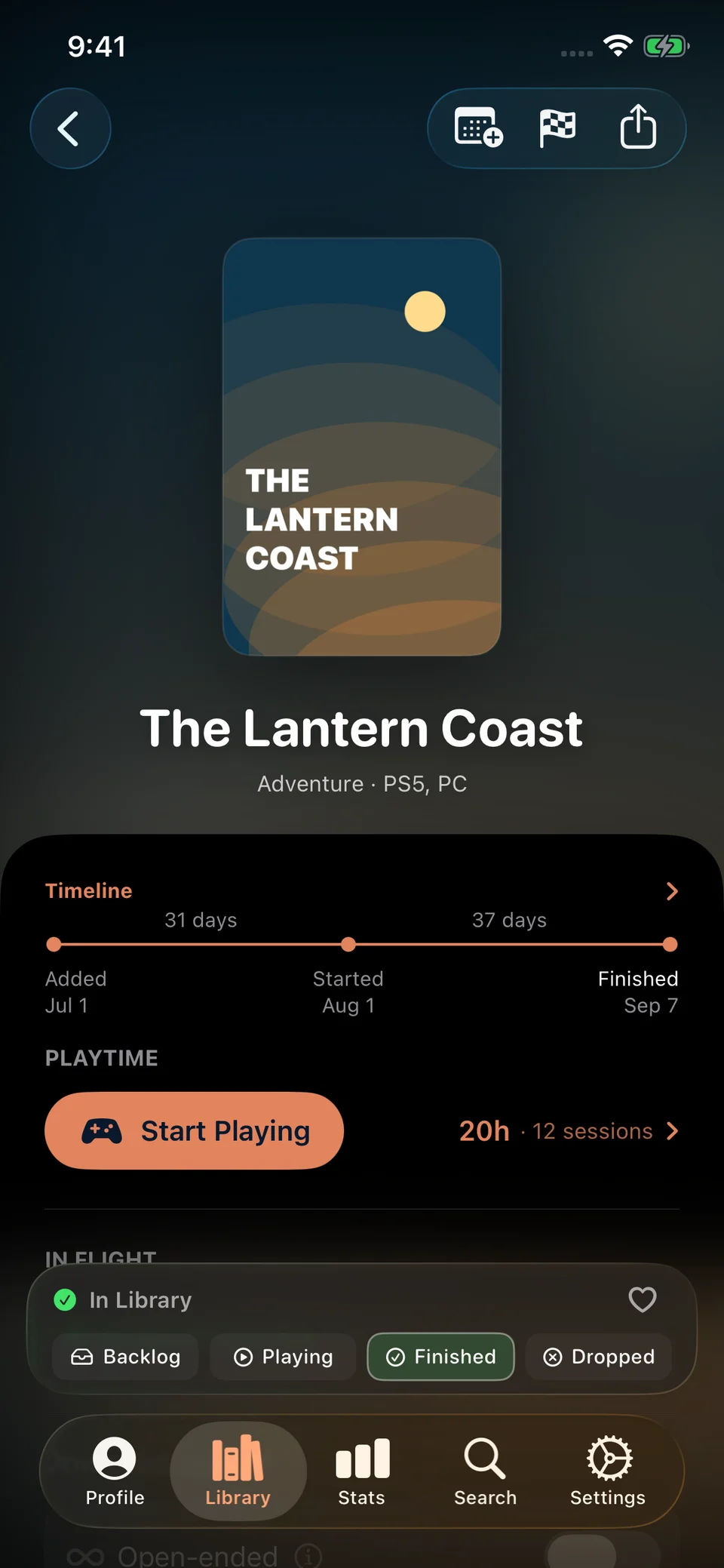 QuestPace game detail for The Lantern Coast, showing a demo game timeline and playtime.