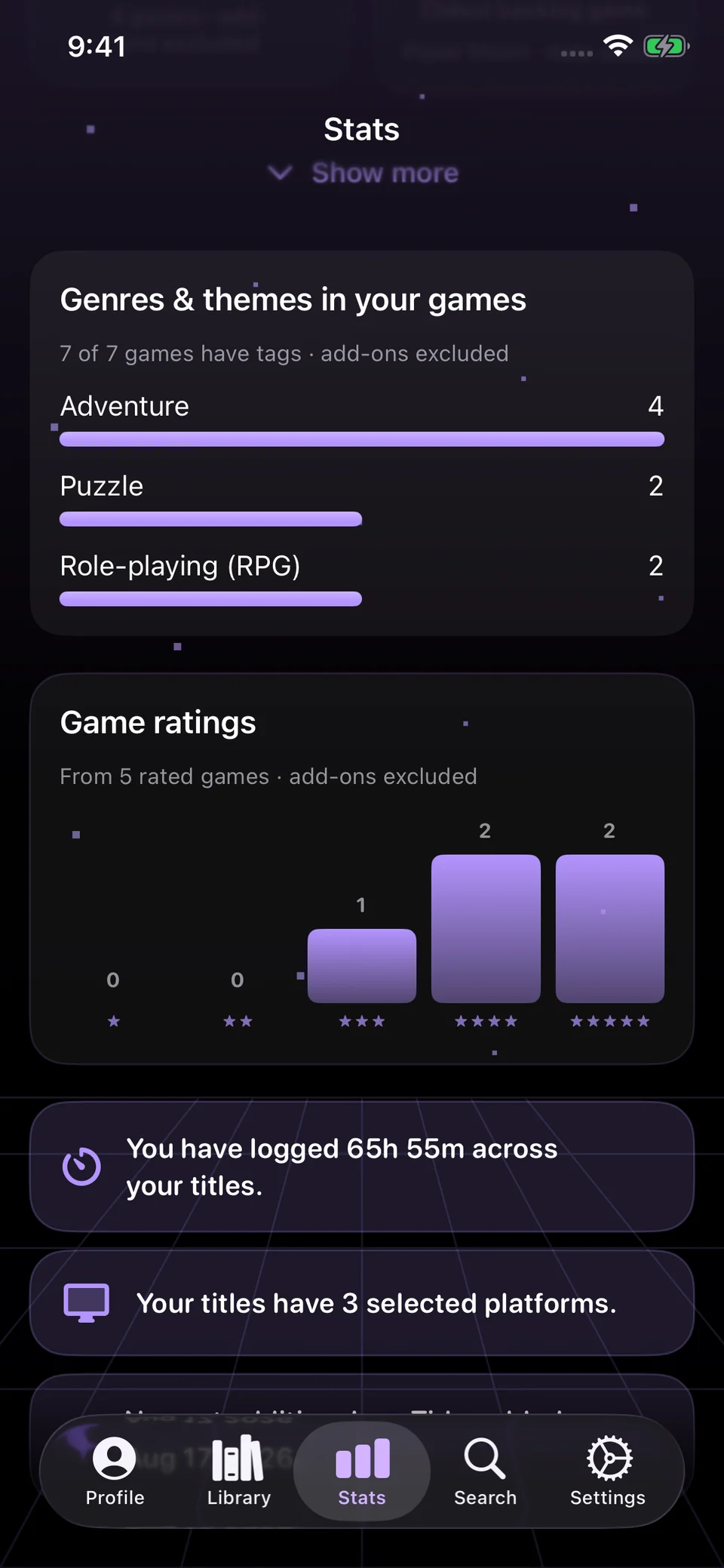 Advanced Insights within Stats, showing genre bars, ratings from five demo games, logged playtime and selected platforms.