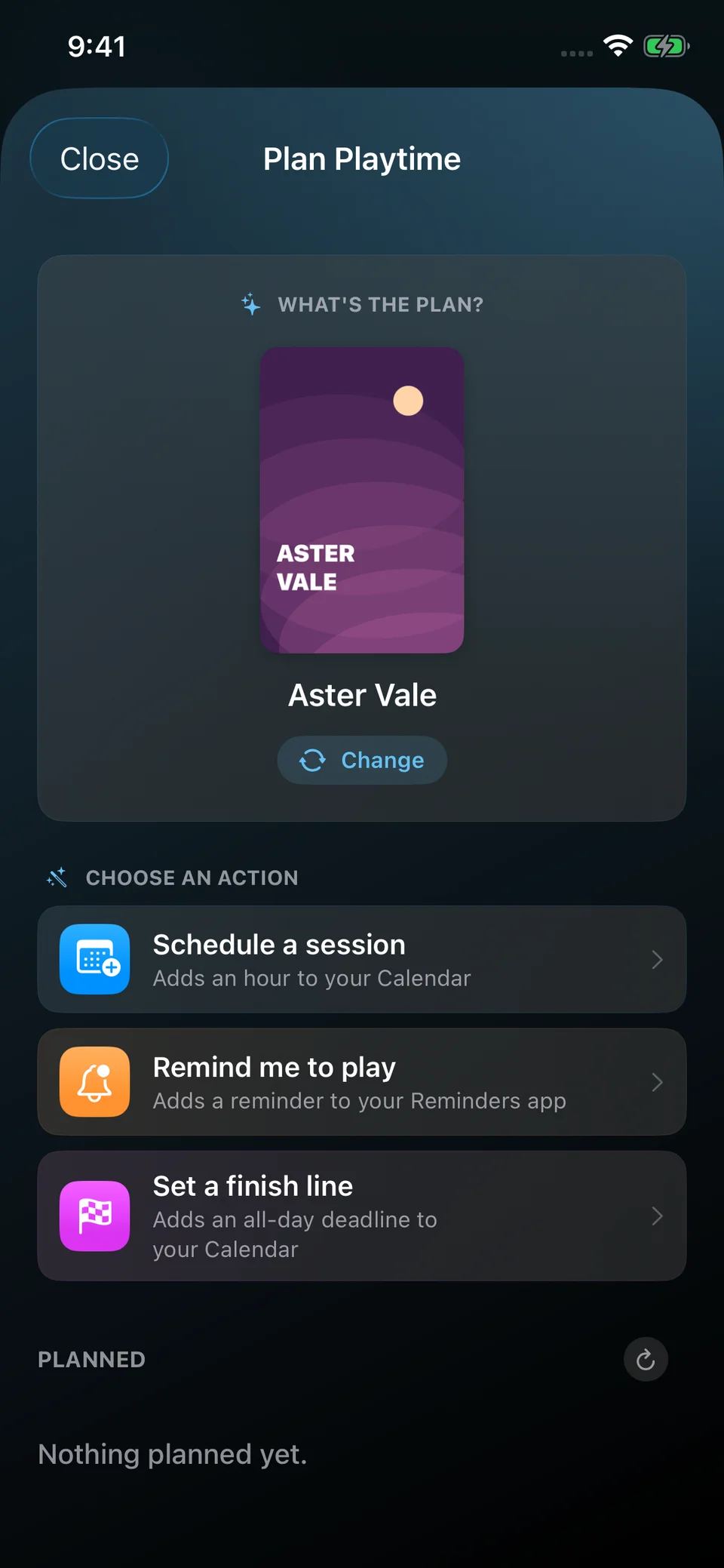 Plan Playtime for Aster Vale, with options to schedule a session, add a reminder or set a finish line.