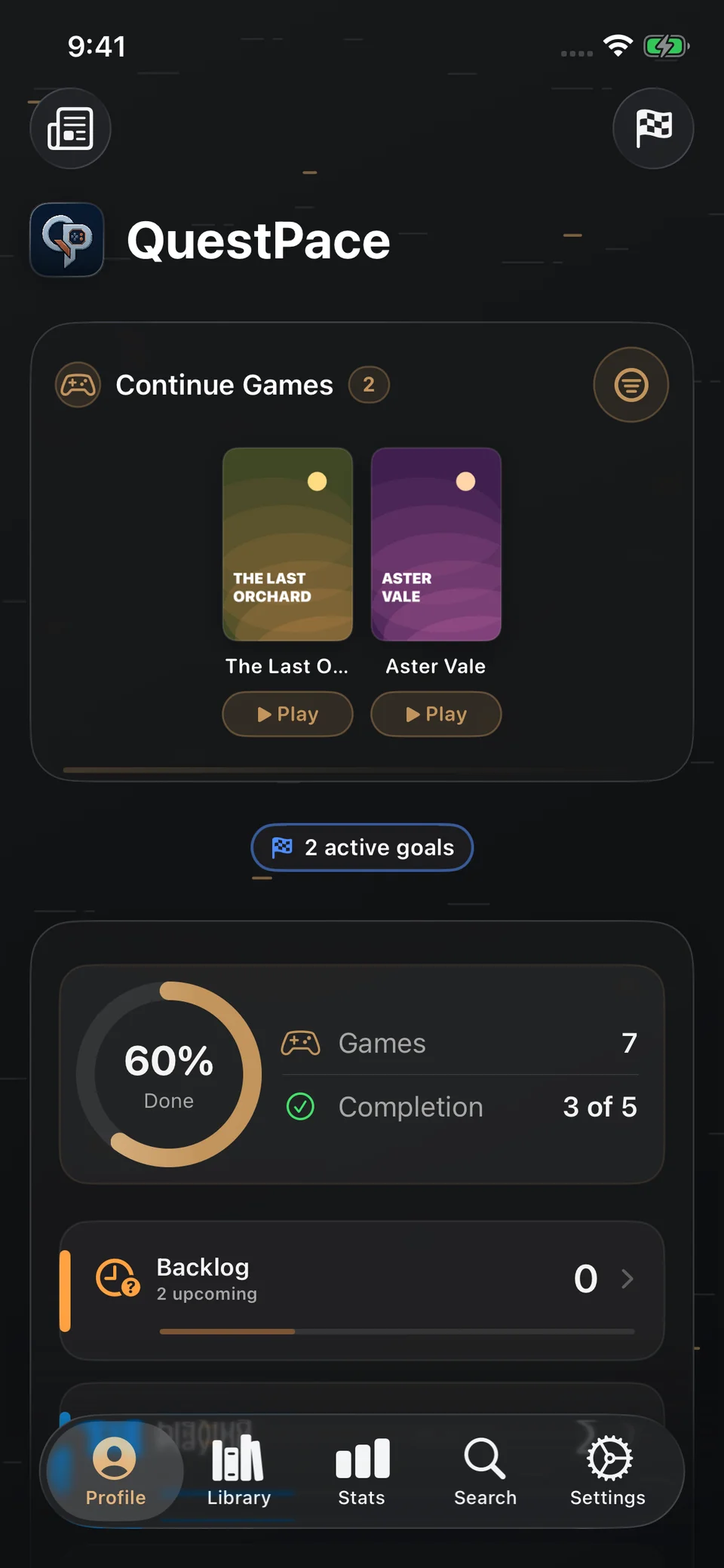 QuestPace profile overview with current games, active goals and library progress.