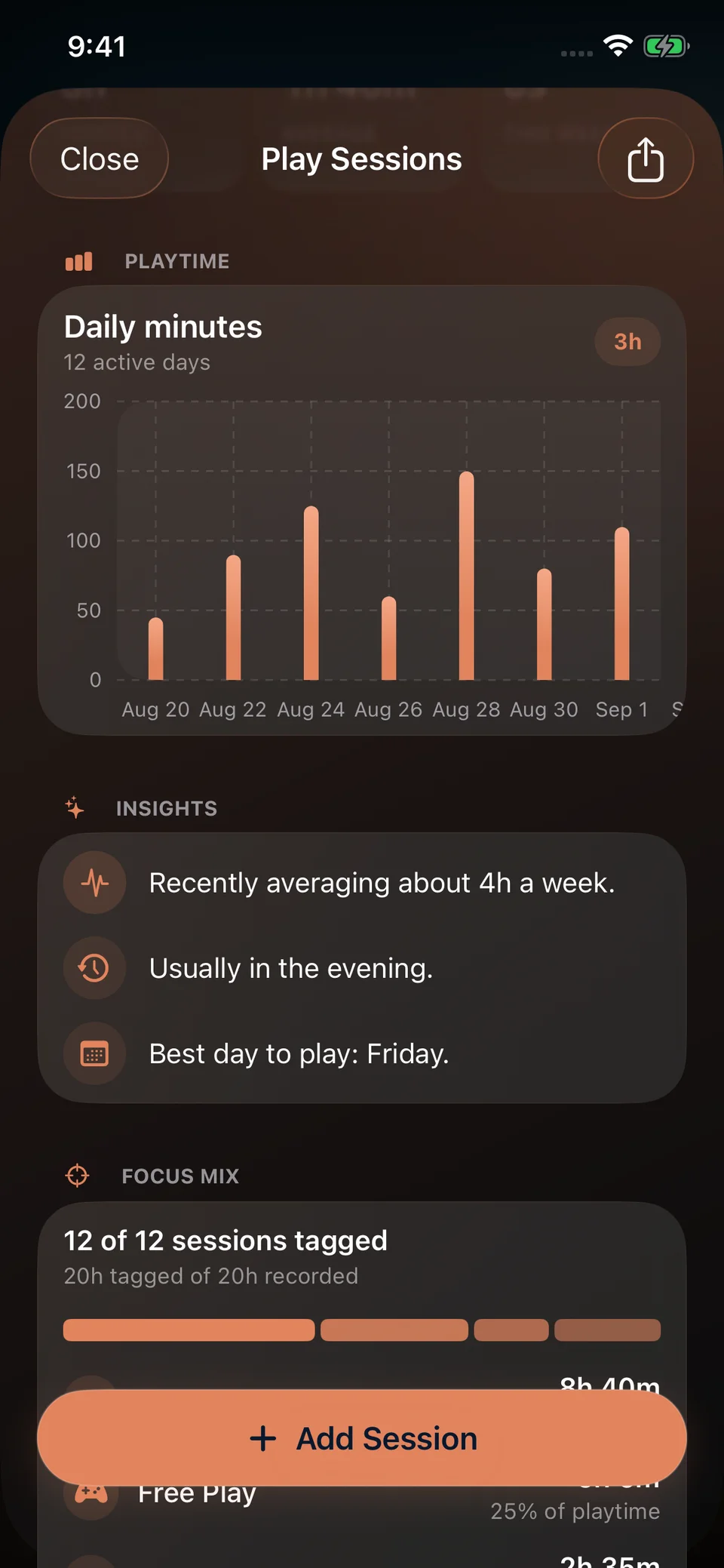 Session Insights within Play Sessions, with daily playtime and Focus Mix.
