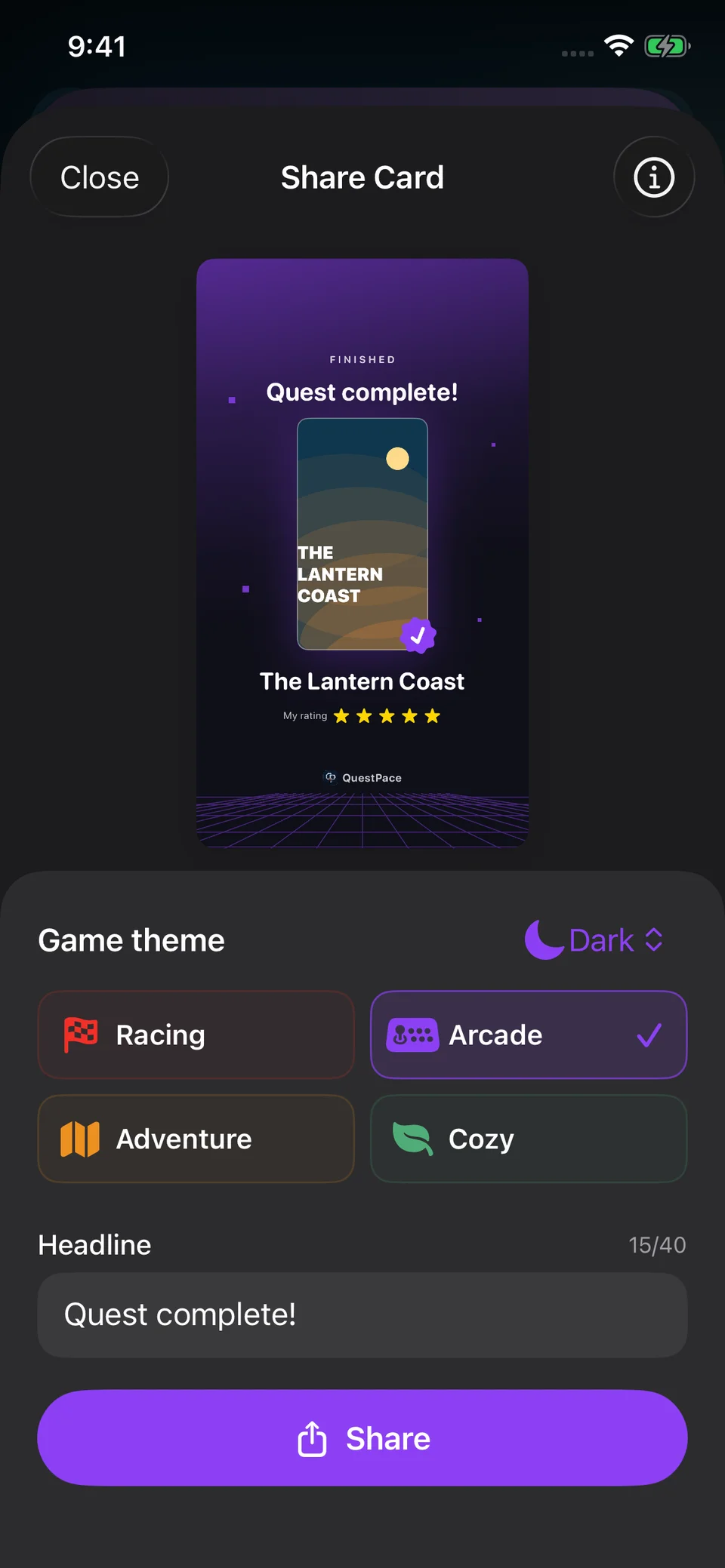 Share Card editor previewing The Lantern Coast with five stars in the dark purple Arcade card style.