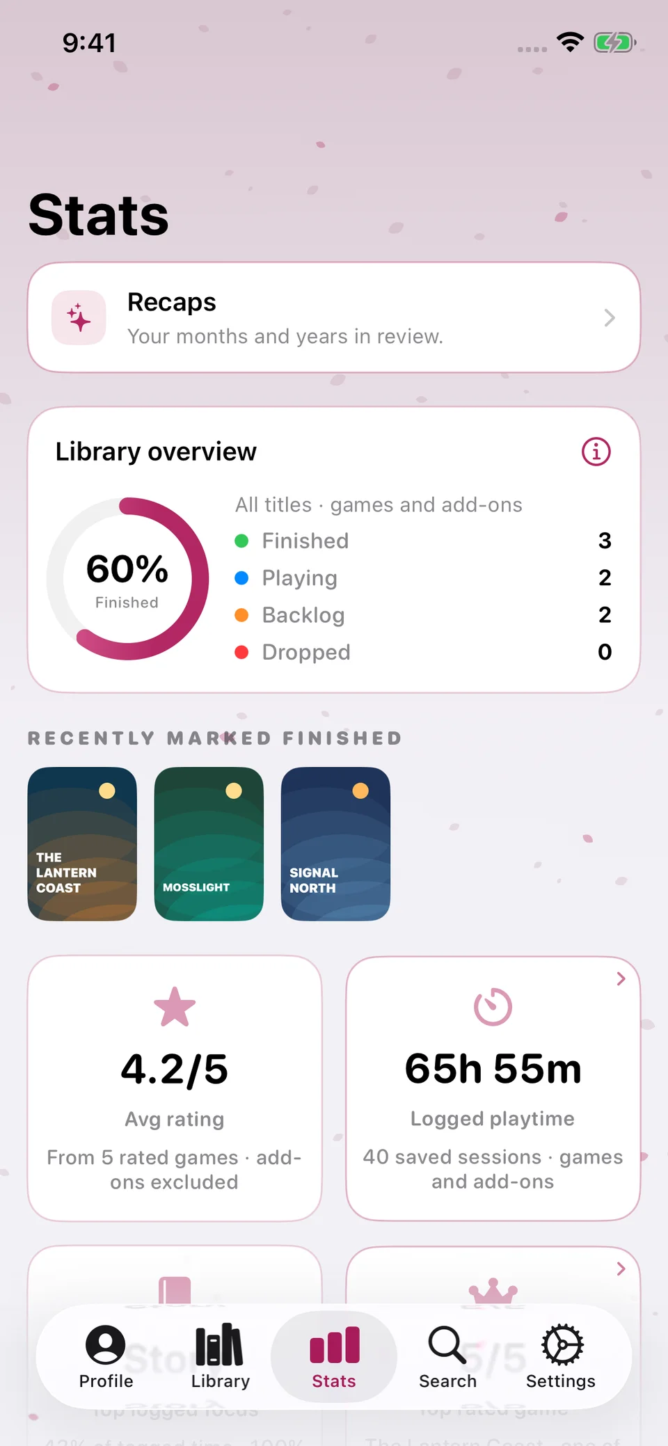 Stats, showing seven demo games, 60 percent finished, a 4.2 rating average and 65 hours 55 minutes logged.