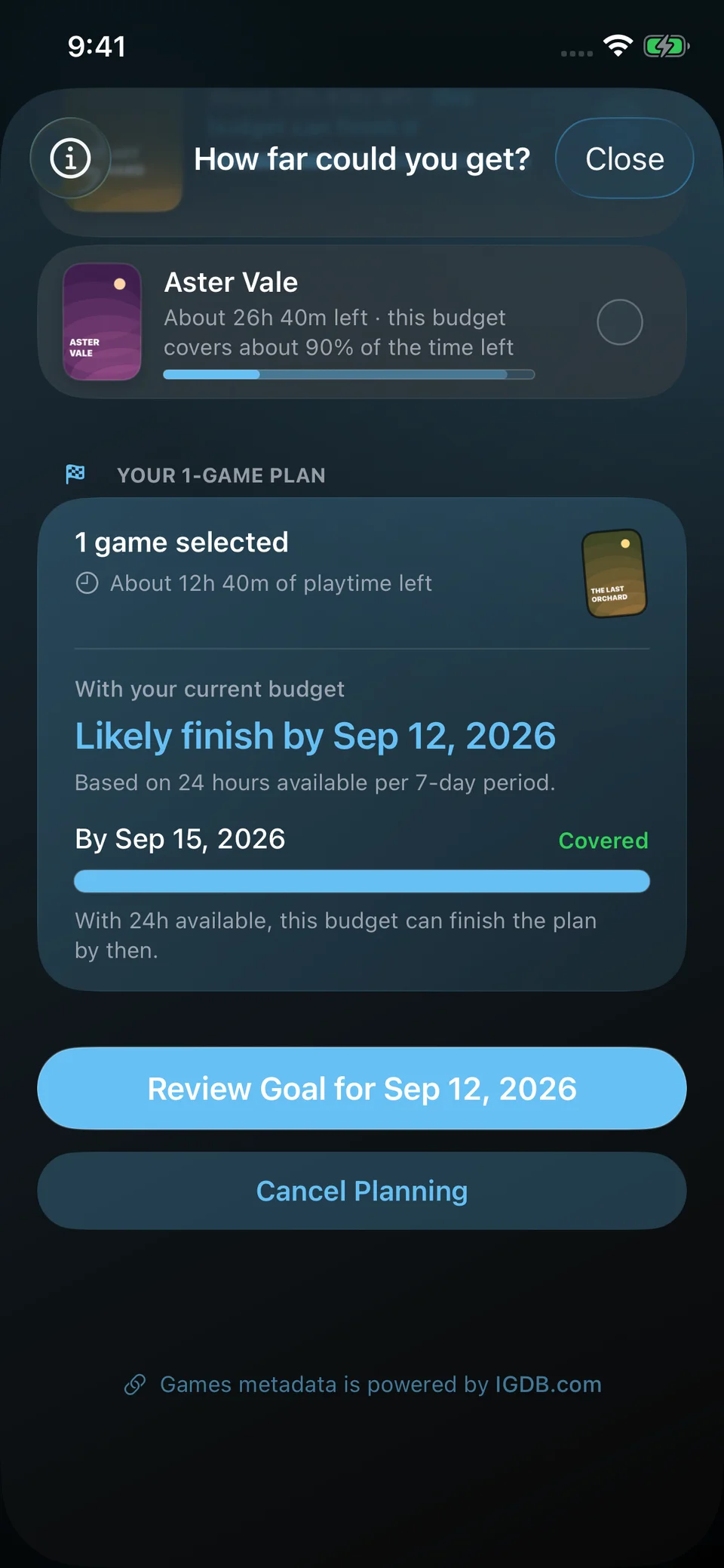 Time Budget Assistant with The Last Orchard selected: 12 hours 40 minutes remaining, estimated completion on September 12 and full coverage within the 24-hour weekly budget.