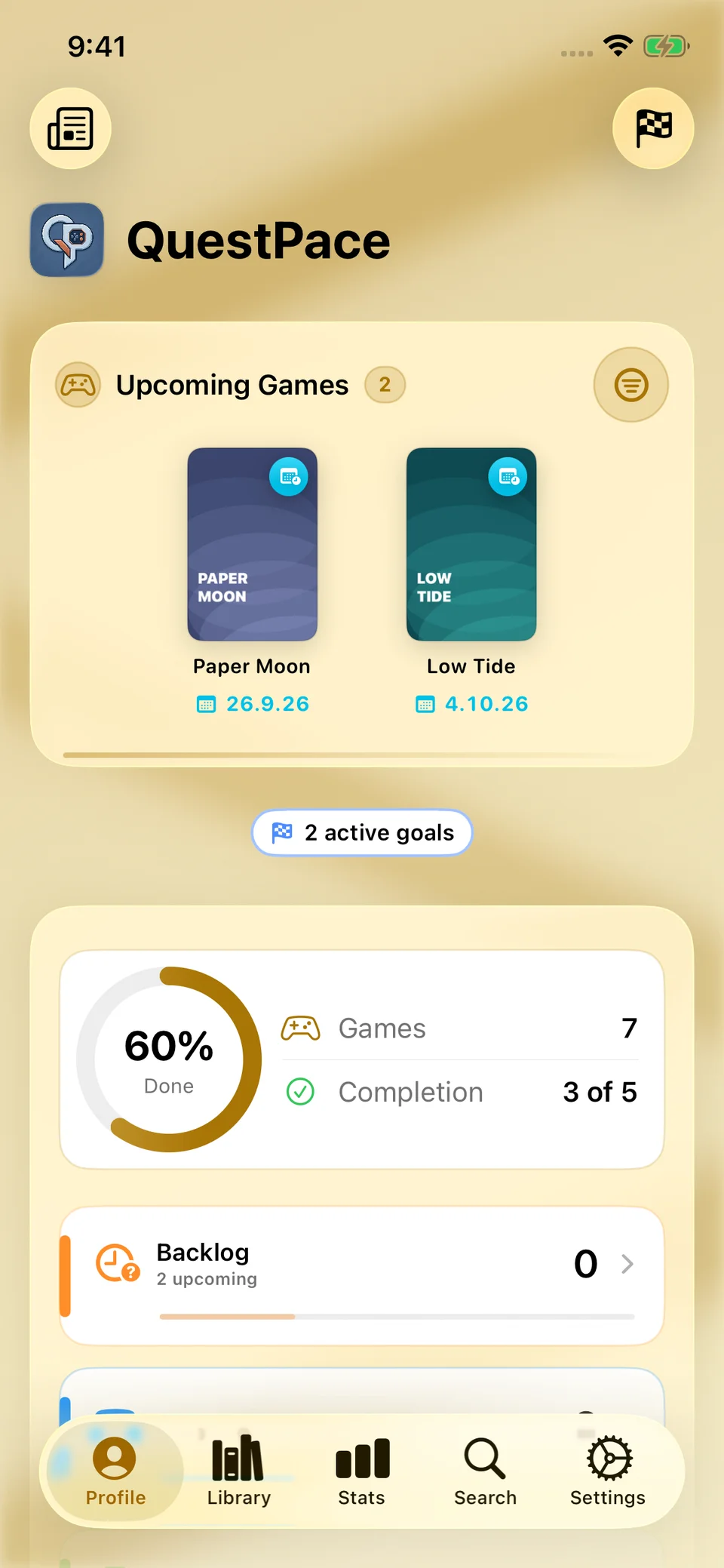QuestPace profile with an Upcoming shelf showing Paper Moon and Low Tide, their release dates and library progress.